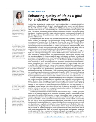 P A T I EN T A D V O C A C Y
Enhancing quality of life as a goal
for anticancer therapeutics
THE GLOBAL BIOMEDICAL COMMUNITY’S SUCCESSES IN CANCER THERAPY OVER THE
past 30 years and particularly in the last 5 years have made many cancers survivable diseases
(1). The U.S. National Academy of Medicine’s 2013 Quality Cancer Care report estimates
18 million survivors in the United States by 2018 and 1.5 million new cancer diagnoses per
year. The increase in treatment options and survival progress for many cancer types brings
into sharper focus the responsibility to also prioritize continued improvements in the quality of
life throughout disease-directed treatment and the full continuum of care for both cancer
patients and survivors.
In the weeks, years, and decades after treatment, many survivors experience a significantly
higher incidence of serious and even life-threatening chronic conditions—often unintended
consequences of toxicities from the drugs and therapies that saved their lives (2). These
consequences can include cardiac dysfunction or failure, pulmonary disease, neurological def-
icits, liver injury, and endocrine disorders. In addition to their physical and emotional toll, these
effects interfere with daily functioning and quality of life, including overall well-being, ability to
maintain employment, financial stability, and relationships with friends and family.
The most commonly cited example in this realm is the latent cardiotoxicity that can follow
high-dose anthracycline therapy used to treat childhood leukemias and osteosarcomas. In-
deed, survivors of childhood cancer have a sevenfold higher risk of cardiac mortality than
the general population (3). However, such off-target toxicities are not limited to traditional
cytotoxic or radiotherapies. As the use of targeted therapies (including immunotherapy) to
treat previously refractory cancers expands, so does the evidence of adverse off-target effects
from these drugs. A recent review highlights the diversity of immune-mediated toxicities re-
sulting from anti–CTLA-4 and anti–PD-1 antibody therapies (4). Many of these effects are
reversible with a halt in treatment, whereas other treatment-related effects require complete
cessation of therapy because of their severity. In some instances, immune-mediated, potential-
ly fatal hepatotoxicity and cytokine-release syndrome were observed with these treatments,
and dose stoppage was the only option. Other treatment-related effects may be subtler but
can nonetheless significantly compromise a patient’s quality of life. For example, lingering
cognitive- and executive-function deficits have been associated with vascular endothelial growth
factor receptor tyrosine kinase inhibitors (VEGFR TKIs) used to treat renal cell carcinoma (5).
Whether attempting to protect against slowly evolving cardiac damage or acutely manifest-
ing cytokine storm, the translational science knowledge base required to inform clinician and
patient decisions about dosing, protection, and monitoring is at best incomplete. Because of
our limited mechanistic understanding of the onset and progression of these adverse effects of
therapy, we lack diagnostic or predictive biomarkers of toxicity and have few protective co-
therapies to mitigate adverse effects. These deficits limit the ability to personalize the effective
dose for patients in need and have a negative impact on the quality of life for patients and
survivors who have overcome so much already.
As advisory board members of HESI THRIVE (http://hesithrive.org)— a funding agency for
quality-of-life research—we call on the biomedical and patient advocacy communities to join
us in raising the visibility of this important yet under-resourced and under-recognized oppor-
tunity to improve the lives of cancer patients and survivors. The time is right to broaden our
perspective on what it means to make more therapies available to more patients. Consider the
fact that “toxicity” is one of only three elements of evaluation in the American Society of Clinical
Oncology’s 2015 conceptual framework to assess the value of cancer treatment options (6). And
yet, despite its heavy emphasis on toxicity, the framework’s authors note the limited data avail-
able for assessing the quality of life and chronic impact of these drugs. Thus, they subsequently
rely exclusively on reports of high-grade acute adverse effects (including death) from clinical
trials, neglecting toxicities that might be low-grade but chronic and have a greater impact on
overall quality of life than a more serious but acute and rapidly resolving adverse event. Surely,
a more nuanced data set on which to base important therapy judgements can be developed.
CREDIT:STEVENDIRECTOR/GPSPHOTOS
E D I T O R I A L
www.ScienceTranslationalMedicine.org 22 June 2016 Vol 8 Issue 344 344ed9 1
Syril D. Pettit is the Executive
Director of the ILSI, Health and
Environmental Sciences Insti-
tute (HESI), Washington, DC
20005, USA. Email: spettit@
hesiglobal.org
Steven E. Lipshultz is Pediatrician-
in-Chief of Children’s Hospital
of Michigan; Chair of Pediatrics,
Wayne State University School
of Medicine; President of Uni-
versity Pediatricians; and Inter-
im Director of Children’s
Research Center of Michigan,
Detroit, MI 48201, USA; and
Editor-in-Chief, Cardio-Oncology.
CharlesS.CleelandisMcCullough
Professor of Cancer Research,
Department of Symptom
Research, Division of Internal
Medicine, The University of Texas
MD Anderson Cancer Center,
Houston, TX 77030, USA.
Samantha Roberts is Director
of Scientific Affairs, Friends of
Cancer Research, Washington,
DC 20036, USA.
Myrtle Davis is Chief, Toxicology
and Pharmacology Branch,
Developmental Therapeutics
Program, Division of Cancer
Treatment and Diagnosis, U.S.
National Cancer Institute,
Bethesda, MD 20892, USA.
onJune22,2016http://stm.sciencemag.org/Downloadedfrom
 