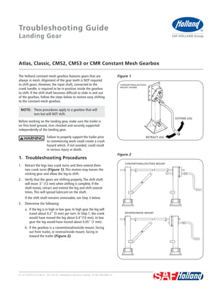 XL-LG11424TS-en-US Rev A · 2012-04-20 · Amendments and errors reserved · © SAF-HOLLAND, Inc.
Figure 2
Figure 1
Atlas, Classic, CMS2, CMS3 or CMR Constant Mesh Gearbox
Troubleshooting Guide
Landing Gear
The Holland constant mesh gearbox features gears that are
always in mesh. Alignment of the gear teeth is NOT required
to shift gears. However, the input shaft, connected to the
crank handle, is required to be in position inside the gearbox
to shift. If the shift shaft becomes difficult to slide in and out
of the gearbox, follow the steps below to restore easy shifting
to the constant mesh gearbox.
NOTE: These procedures apply to a gearbox that will
turn but will NOT shift.
Before working on the landing gear, make sure the trailer is
on firm level ground, tires chocked and securely supported
independently of the landing gear.
Failure to properly support the trailer prior
to commencing work could create a crush
hazard which, if not avoided, could result
in serious injury or death.
1. Troubleshooting Procedures
1. Retract the legs two crank turns and then extend them
two crank turns (Figure 1). This motion may loosen the
sticking gear and allow the leg to shift.
2. Verify that the gears are shifting properly. The shift shaft
will move .5" (12 mm) when shifting is complete. If the
shaft moves, retract and extend the leg and shift several
times. This will spread lubricant on the shaft.
If the shift shaft remains unmovable, see Step 3 below.
3. Determine the following:
a. If the leg is in high or low gear. In high gear the leg will
travel about 0.2" (5 mm) per turn. In Step 1, the crank
would have moved the leg about 0.4"(10 mm). In low
gear the leg would have moved about 0.05" (1 mm).
b. If the gearbox is a conventional/outside mount, facing
out from trailer, or reverse/inside mount, facing in
toward the trailer (Figure 2).
RETRACT LEG
EXTEND LEG
CONVENTIONAL/OUTSIDE
MOUNT SHOWN
CONVENTIONAL/OUTSIDE MOUNT
REVERSE/INSIDE MOUNT
 