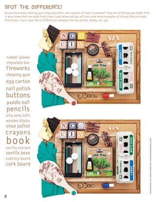 PHOTOGRAPHYBYAARONSPAGNOLO/WWW.AARONSPAGNOLO.NET
rubber gloves
chocolate bar
fireworks
chewing gum
egg carton
nail polish
buttons
paddle ball
pencils
ping pong balls
wooden blocks
shoe polish
crayons
bookvanilla extract
vanilla bean
cutting board
cork board
SPOT THE DIFFERENCE!
Do you know what chewing gum, ping pong balls, and crayons all have in common? They are all things you might find
in your home that are made from trees! Look below and you will see some more examples of things that are made
from trees. Try to spot the 11 differences between the two photos. Ready, set, go!
8
 