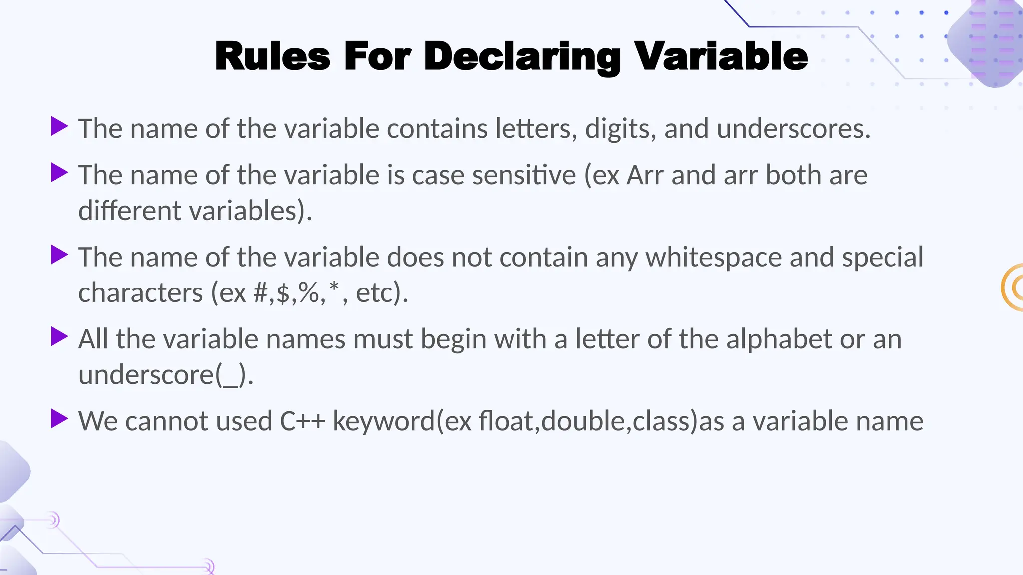  The name of the variable contains letters, digits, and underscores.
 The name of the variable is case sensitive (ex Arr and arr both are
different variables).
 The name of the variable does not contain any whitespace and special
characters (ex #,$,%,*, etc).
 All the variable names must begin with a letter of the alphabet or an
underscore(_).
 We cannot used C++ keyword(ex float,double,class)as a variable name
Rules For Declaring Variable
 