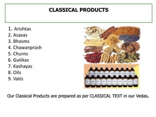 CLASSICAL PRODUCTS
1. Arishtas
2. Asavas
3. Bhasms
4. Chawanprash
5. Churns
6. Gutikas
7. Kashayas
8. Oils
9. Vatis
Our Classical Products are prepared as per CLASSICAL TEXT in our Vedas.
 