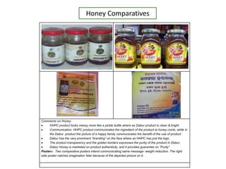 Comments on Honey:
 HHPC product looks messy more like a pickle bottle where as Dabur product is clean & bright.
 Communication: HHPC product communicates the ingredient of the product ie honey comb, while in
the Dabur product the picture of a happy family communicates the benefit of the use of product
 Dabur has the very prominent “branding” on the face where as HHPC has just the logo.
 The product transparency and the golden borders expresses the purity of the product in Dabur.
 Dabur Honey is marketed on product authenticity, and it provides guarantee on “Purity”
Posters: Two comparative posters intend communicating same message- weight reduction. The right
side poster catches imagination fster because of the depicted picture on it.
Honey Comparatives
 