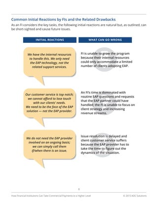 © 2015 AOC Solutions
8
Common Initial Reactions by FIs and the Related Drawbacks
As an FI considers the key tasks, the following initial reactions are natural but, as outlined, can
be short-sighted and cause future issues.
How Financial Institutions Can Take Commercial Payments to a Higher Level
 