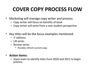 COVER COPY PROCESS FLOW
• Marketing will manage copy writer and process
– Copy writer will focus on benefits of book
– Copy writer will write from a new student perspective
• Key titles will be the focus-examples mentioned
– 1st
editions
– LIR series
– Review series
• Possibly refresh current copy
• Action items:
– Joyce team to identify titles from 2010 and 2011 to begin
process
 