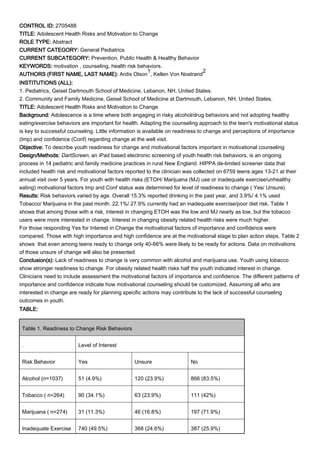 CONTROL ID: 2705488
TITLE: Adolescent Health Risks and Motivation to Change
ROLE TYPE: Abstract
CURRENT CATEGORY: General Pediatrics
CURRENT SUBCATEGORY: Prevention, Public Health & Healthy Behavior
KEYWORDS: motivation , counseling, health risk behaviors.
AUTHORS (FIRST NAME, LAST NAME): Ardis Olson
1
, Kellen Von Nostrand
2
INSTITUTIONS (ALL):
1. Pediatrics, Geisel Dartmouth School of Medicine, Lebanon, NH, United States.
2. Community and Family Medicine, Geisel School of Medicine at Dartmouth, Lebanon, NH, United States.
TITLE: Adolescent Health Risks and Motivation to Change
Background: Adolescence is a time where both engaging in risky alcohol/drug behaviors and not adopting healthy
eating/exercise behaviors are important for health. Adapting the counseling approach to the teen's motivational status
is key to successful counseling. Little information is available on readiness to change and perceptions of importance
(Imp) and confidence (Conf) regarding change at the well visit.
Objective: To describe youth readiness for change and motivational factors important in motivational counseling
Design/Methods: DartScreen, an iPad based electronic screening of youth health risk behaviors, is an ongoing
process in 14 pediatric and family medicine practices in rural New England. HIPPA de-limited screener data that
included health risk and motivational factors reported to the clinician was collected on 6759 teens ages 13-21 at their
annual visit over 5 years. For youth with health risks (ETOH/ Marijuana (MJ) use or inadequate exercise/unhealthy
eating) motivational factors Imp and Conf status was determined for level of readiness to change ( Yes/ Unsure).
Results: Risk behaviors varied by age. Overall 15.3% reported drinking in the past year, and 3.9%/ 4.1% used
Tobacco/ Marijuana in the past month. 22.1%/ 27.9% currently had an inadequate exercise/poor diet risk. Table 1
shows that among those with a risk, interest in changing ETOH was the low and MJ nearly as low, but the tobacco
users were more interested in change. Interest in changing obesity related health risks were much higher.
For those responding Yes for Interest in Change the motivational factors of importance and confidence were
compared. Those with high importance and high confidence are at the motivational stage to plan action steps. Table 2
shows that even among teens ready to change only 40-66% were likely to be ready for actions. Data on motivations
of those unsure of change will also be presented
Conclusion(s): Lack of readiness to change is very common with alcohol and marijuana use. Youth using tobacco
show stronger readiness to change. For obesity related health risks half the youth indicated interest in change.
Clinicians need to include assessment the motivational factors of importance and confidence. The different patterns of
importance and confidence indicate how motivational counseling should be customized. Assuming all who are
interested in change are ready for planning specific actions may contribute to the lack of successful counseling
outcomes in youth.
TABLE:
Table 1. Readiness to Change Risk Behaviors
. Level of Interest
Risk Behavior Yes Unsure No
Alcohol (n=1037) 51 (4.9%) 120 (23.9%) 866 (83.5%)
Tobacco ( n=264) 90 (34.1%) 63 (23.9%) 111 (42%)
Marijuana ( n=274) 31 (11.3%) 46 (16.8%) 197 (71.9%)
Inadequate Exercise 740 (49.5%) 368 (24.6%) 387 (25.9%)
 