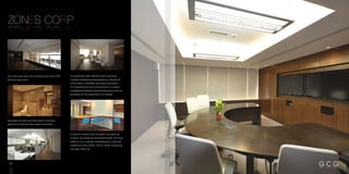 All of this was done with intensive care from GCG
Interiors team work.
As Zonescorp offer deferent kind of services
created challenging requirements to allocate all
of the staff in a 60000sf open area distributed
in 6 typical floors one of the services is investor
management Because land development must be
preceded by the acquisition of a license.
It stands to reason that the faster and easier an
investor can obtain an industrial license, the more
likely he is to consider undertaking an industrial
endeavor in Abu Dhabi. This is where ZonesCorp
can play a key role.
Speciality for each and every area of this floor
planned to meet the best market standards.
ZONES CORPZONES CORP
68
 