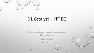 D1 Catalyst - HTF BO
First consolidation – Morning continuation
PB retracement
Ticker: MRNA
Date: 13-12-22
 