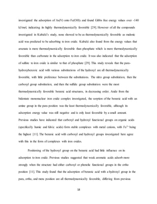 18
investigated the adsorption of As(V) onto Fe(OH)3 and found Gibbs free energy values over -140
kJ/mol, indicating its highly thermodynamically favorable [29]. However of all the compounds
investigated in Kubicki’s study, none showed to be as thermodynamically favorable as malonic
acid was predicted to be adsorbing to iron oxide. Kubicki also found from the energy values that
arsenate is more thermodynamically favorable than phosphate which is more thermodynamically
favorable than carbonate in the adsorption to iron oxide. It was also indicated that the adsorption
of sulfate to iron oxide is similar to that of phosphate [29]. This study reveals that the para-
hydroxybenzoic acid with various substitutions of the hydroxyl are all thermodynamically
favorable, with little preference between the substitutions. The nitro group substitution, then the
carboxyl group substitution, and then the sulfide group substitution were the most
thermodynamically favorable benzoic acid structures, in decreasing order. Aside from the
bidentate mononuclear iron oxide complex investigated, the sorption of the benzoic acid with an
amine group in the para position was the least thermodynamically favorable, although its
adsorption energy value was still negative and is only least favorable by a small amount.
Previous studies have indicated that carboxyl and hydroxyl functional groups on organic acids
(specifically humic and fulvic acids) form stable complexes with metal cations, with Fe3+ being
the highest [11]. The benzoic acid with carboxyl and hydroxyl groups investigated here agree
with this in the form of complexes with iron oxides.
Positioning of the hydroxyl group on the benzoic acid had little influence on its
adsorption to iron oxide. Previous studies suggested that weak aromatic acids adsorb more
strongly when the structure had either carboxyl or phenolic functional groups in the ortho
position [11]. This study found that the adsorption of benzoic acid with a hydroxyl group in the
para, ortho, and meta position are all thermodynamically favorable, differing from previous
 