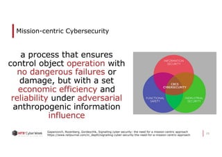 20
Mission-centric Cybersecurity
Gapanovich, Rozenberg, Gordeychik, Signalling cyber security: the need for a mission-centric approach
https://www.railjournal.com/in_depth/signalling-cyber-security-the-need-for-a-mission-centric-approach
a process that ensures
control object operation with
no dangerous failures or
damage, but with a set
economic efficiency and
reliability under adversarial
anthropogenic information
influence
 