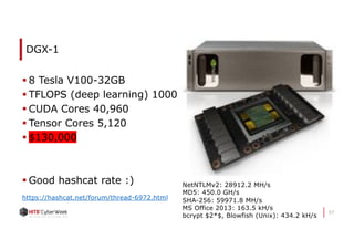37
DGX-1
§ 8 Tesla V100-32GB
§ TFLOPS (deep learning) 1000
§ CUDA Cores 40,960
§ Tensor Cores 5,120
§ $130,000
§ Good hashcat rate :) NetNTLMv2: 28912.2 MH/s
MD5: 450.0 GH/s
SHA-256: 59971.8 MH/s
MS Office 2013: 163.5 kH/s
bcrypt $2*$, Blowfish (Unix): 434.2 kH/s
https://hashcat.net/forum/thread-6972.html
 
