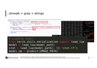 …binwalk + grep + strings
59
Nikhil Joshi, Rewanth Cool. GDALR: An efficient model duplication attack on black-box Machine Learning models
https://static.ptsecurity.com/phdays/presentations/phdays-9-gdalr-an-efficient-model-duplication-attack-on-black-box-machine-learning-models.pdf
 
