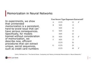 Memorization in Neural Networks
In experiments, we show
that unintended
memorization is a persistent,
hard-to-avoid issue that can
have serious consequences.
Specifically, for models
trained without consideration
of memorization, we
describe new, efficient
procedures that can extract
unique, secret sequences,
such as credit card numbers
63
Carlini, Nicholas et al. “The Secret Sharer: Evaluating and Testing Unintended Memorization in Neural Networks.”
 