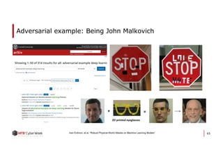 Adversarial example: Being John Malkovich
65Ivan Evtimov, et al, "Robust Physical-World Attacks on Machine Learning Models”
 