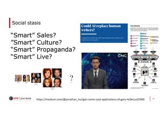 96
Social stasis
“Smart” Sales?
”Smart” Culture?
“Smart” Propaganda?
“Smart” Live?
https://medium.com/@jonathan_hui/gan-some-cool-applications-of-gans-4c9ecca35900
 