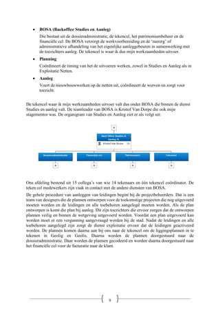 • BOSA (Backoffice Studies en Aanleg)
Die bestaat uit de dossieradministratie, de tekencel, het patrimoniumbeheer en de
financiële cel. De BOSA verzorgt de werkvoorbereiding en de ‘nazorg’ of
administratieve afhandeling van het eigenlijke aanleggebeuren in samenwerking met
de toezichters aanleg. De tekencel is waar ik dus mijn werkzaamheden uitvoer.
• Planning
Coördineert de timing van het de uitvoeren werken, zowel in Studies en Aanleg als in
Exploitatie Netten.
• Aanleg
Voert de nieuwbouwwerken op de netten uit, coördineert de werven en zorgt voor
toezicht.
De tekencel waar ik mijn werkzaamheden uitvoer valt dus onder BOSA die binnen de dienst
Studies en aanleg valt. De teamleader van BOSA is Kristof Van Dorpe die ook mijn
stagementor was. De organigram van Studies en Aanleg ziet er als volgt uit:
Ons afdeling bestond uit 15 collega’s van wie 14 tekenaars en één tekencel coördinator. De
teken cel medewerkers zijn vaak in contact met de andere diensten van BOSA.
De gehele procedure van aanleggen van leidingen begint bij de projectbeheerders. Dat is een
team van designers die de plannen ontwerpen voor de toekomstige projecten die nog uitgevoerd
moeten worden en de leidingen en alle toebehoren aangelegd moeten worden. Als de plan
ontworpen is komt die plan bij aanleg. Dit zijn toezichters die ervoor zorgen dat de ontworpen
plannen veilig en binnen de wetgeving uitgevoerd worden. Voordat een plan uitgevoerd kan
worden moet er een vergunning aangevraagd worden bij de stad. Nadat de leidingen en alle
toebehoren aangelegd zijn zorgt de dienst exploitatie ervoor dat de leidingen geactiveerd
worden. De plannen komen daarna aan bij ons naar de tekencel om de liggingsplannen in te
tekenen in Geolig en Geolis. Daarna worden de plannen doorgestuurd naar de
dossieradministratie. Daar worden de plannen gecodeerd en worden daarna doorgestuurd naar
het financiële cel voor de facturatie naar de klant.
9
 