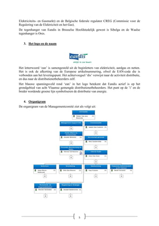 Elektriciteits- en Gasmarkt) en de Belgische federale regulator CREG (Commissie voor de
Regulering van de Elektriciteit en het Gas).
De tegenhanger van Eandis in Brusselse Hoofdstedelijk gewest is Sibelga en de Waalse
tegenhanger is Ores.
3. Het logo en de naam
Het letterwoord ‘ean’ is samengesteld uit de beginletters van elektriciteit, aardgas en netten.
Het is ook de afkorting van de Europese artikelnummering, ofwel de EAN-code die is
verbonden aan het leveringspunt. Het achtervoegsel ‘dis’ verwijst naar de activiteit distributie,
en dus naar de distributienetbeheerders zelf.
Het blauwe spanningsveld rond ‘ean’ in het logo betekent dat Eandis actief is op het
grondgebied van acht Vlaamse gemengde distributienetbeheerders. Het punt op de ’i’ en de
breder wordende groene lijn symboliseren de distributie van energie.
4. Organigram
De organigram van de Managementcomité ziet als volgt uit:
5
 