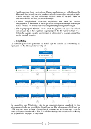 • Sociale openbare dienst verplichtingen: Plaatsen van budgetmeters bij huishoudelijke
klanten die hun verbruiksfacturen niet kunnen betalen en door hun energieleverancier
worden opgezegd. Met een budgetmeter betalen klanten het verbruik vooraf en
beschikken ze over het volle elektrische vermogen.
• Rationeel energiegebruik bevorderen: Organiseren van acties om rationeel
energiegebruik te bevorderen en advies geven om zuinig om te springen met energie.
Eandis verstrekt ook premies voor investeringen in energiezuinige toepassingen.
• Het toegangsregister beheren: Eandis houdt de gegevens van zo’n vier miljoen
aansluitingen bij in het zogeheten toegangsregister. In dat register noteren ze de
technische gegevens van elke aansluiting en de administratieve gegevens van de klant
en zijn energieleverancier.
6. Netuitbating
De technisch-operationele opdrachten van Eandis zijn het domein van Netuitbating. De
organigram van die afdeling ziet er als volgt uit:
De opdrachten van Netuitbating zijn in de organisatiestructuur opgedeeld in tien
infrastructuurgebieden en een afdeling Bedrijfsvoering. Elk infrastructuurgebied kent een
zelfde structuur, werkt volgens geharmoniseerde processen en streeft naar een evenredig
taakverdeling tussen medewerkers. In al de tien infrastructuurgebieden worden alle werken op
een gelijke manier aangepakt en uitgevoerd.
7
 