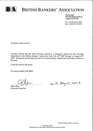 British Bankers Association - reference letter - Glen Ellis | PDF