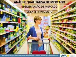 MBA – ADMINISTRAÇÃO EM MARKETING E COMUNICAÇÃO EMPRESARIAL / PRINCÍPIOS DE MARKETING / PROF RODRIGO PALO
ANÁLISE QUALITATIVA DE MERCADO
SEGMENTAÇÃO DE MERCADO
CLIENTE x PRODUTO
 