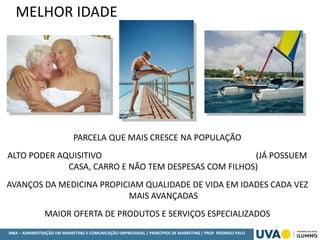 MBA – ADMINISTRAÇÃO EM MARKETING E COMUNICAÇÃO EMPRESARIAL / PRINCÍPIOS DE MARKETING / PROF RODRIGO PALO
MELHOR IDADE
PARCELA QUE MAIS CRESCE NA POPULAÇÃO
ALTO PODER AQUISITIVO (JÁ POSSUEM
CASA, CARRO E NÃO TEM DESPESAS COM FILHOS)
AVANÇOS DA MEDICINA PROPICIAM QUALIDADE DE VIDA EM IDADES CADA VEZ
MAIS AVANÇADAS
MAIOR OFERTA DE PRODUTOS E SERVIÇOS ESPECIALIZADOS
 