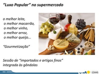 MBA – ADMINISTRAÇÃO EM MARKETING E COMUNICAÇÃO EMPRESARIAL / PRINCÍPIOS DE MARKETING / PROF RODRIGO PALO
“Luxo Popular” no supermercado
o melhor leite,
o melhor macarrão,
o melhor vinho,
o melhor arroz,
o melhor queijo...
“Gourmetização”
Sessão de “importados e artigos finos”
integrada às gôndolas
 