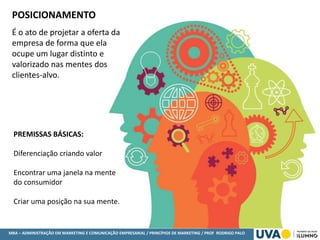 MBA – ADMINISTRAÇÃO EM MARKETING E COMUNICAÇÃO EMPRESARIAL / PRINCÍPIOS DE MARKETING / PROF RODRIGO PALO
POSICIONAMENTO
É o ato de projetar a oferta da
empresa de forma que ela
ocupe um lugar distinto e
valorizado nas mentes dos
clientes-alvo.
PREMISSAS BÁSICAS:
Diferenciação criando valor
Encontrar uma janela na mente
do consumidor
Criar uma posição na sua mente.
 