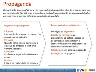 MBA – ADMINISTRAÇÃO EM MARKETING E COMUNICAÇÃO EMPRESARIAL / PRINCÍPIOS DE MARKETING / PROF RODRIGO PALO
Comunicação impessoal de uma mensagem dirigida ao público-alvo do produto, paga por
um patrocinador identificado, veiculada em meios de comunicação de massa ou dirigidos,
que visa criar imagem e estimular a aquisição do produto.
Propaganda
Objetivos de propaganda:
Informar
Introdução de um novo produto, criar
uma demanda primária
Persuadir
Quando concorrência aumenta e o
objetivo da empresa é criar uma
demanda seletiva
Comparar
Estabelecer superioridade de uma
marca
Lembrar
Estágio de maturidade do produto
Processo de desenvolvimento:
Definição do orçamento
Criação da mensagem da
propaganda: só obterá sucesso se
os comerciais conquistarem a
atenção do público e efetuarem sua
comunicação com eficiência
Seleção do meio para a propaganda
Avaliação da propaganda
 