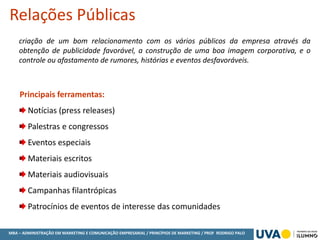MBA – ADMINISTRAÇÃO EM MARKETING E COMUNICAÇÃO EMPRESARIAL / PRINCÍPIOS DE MARKETING / PROF RODRIGO PALO
criação de um bom relacionamento com os vários públicos da empresa através da
obtenção de publicidade favorável, a construção de uma boa imagem corporativa, e o
controle ou afastamento de rumores, histórias e eventos desfavoráveis.
Relações Públicas
Principais ferramentas:
Notícias (press releases)
Palestras e congressos
Eventos especiais
Materiais escritos
Materiais audiovisuais
Campanhas filantrópicas
Patrocínios de eventos de interesse das comunidades
 