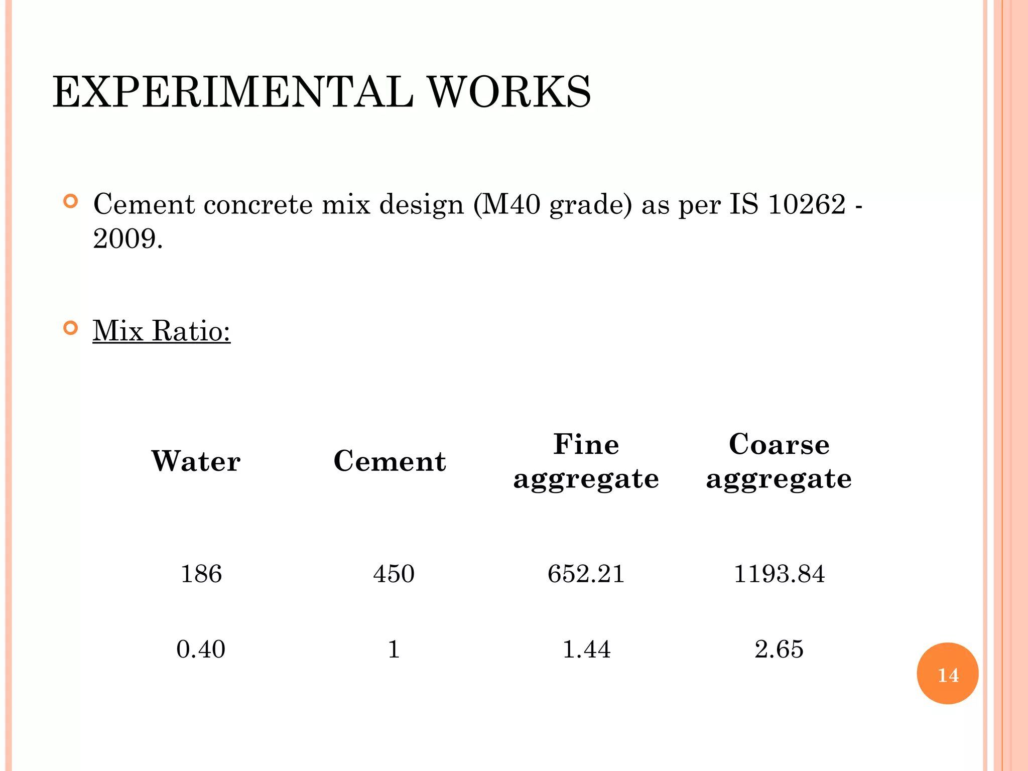 EXPERIMENTAL WORKS
 Cement concrete mix design (M40 grade) as per IS 10262 -
2009.
 Mix Ratio:
14
Water Cement
Fine
aggregate
Coarse
aggregate
186 450 652.21 1193.84
0.40 1 1.44 2.65
 