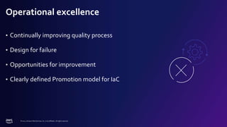 © 2022, Amazon Web Services, Inc. or its affiliates. All rights reserved.
Operational excellence
• Continually improving quality process
• Design for failure
• Opportunities for improvement
• Clearly defined Promotion model for IaC
 