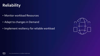 © 2022, Amazon Web Services, Inc. or its affiliates. All rights reserved.
Reliability
• Monitor workload Resources
• Adapt to changes in Demand
• Implement resiliency for reliable workload
 