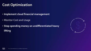 © 2022, Amazon Web Services, Inc. or its affiliates. All rights reserved.
Cost Optimization
• Implement cloud financial management
• Monitor Cost and Usage
• Stop spending money on undifferentiated heavy
lifting
 