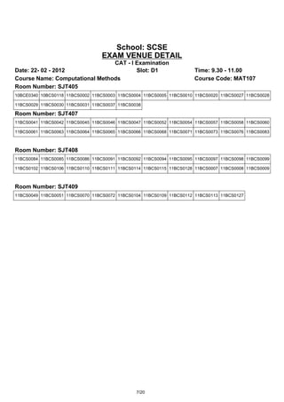 School: SCSE
                                 EXAM VENUE DETAIL
                                CAT - I Examination
Date: 22- 02 - 2012                     Slot: D1                     Time: 9.30 - 11.00
Course Name: Computational Methods                                   Course Code: MAT107
Room Number: SJT405
10BCE0340 10BCS0118 11BCS0002 11BCS0003 11BCS0004 11BCS0005 11BCS0010 11BCS0020 11BCS0027 11BCS0028

11BCS0029 11BCS0030 11BCS0031 11BCS0037 11BCS0038

Room Number: SJT407
11BCS0041 11BCS0042 11BCS0045 11BCS0046 11BCS0047 11BCS0052 11BCS0054 11BCS0057 11BCS0058 11BCS0060

11BCS0061 11BCS0063 11BCS0064 11BCS0065 11BCS0066 11BCS0068 11BCS0071 11BCS0073 11BCS0076 11BCS0083



Room Number: SJT408
11BCS0084 11BCS0085 11BCS0086 11BCS0091 11BCS0092 11BCS0094 11BCS0095 11BCS0097 11BCS0098 11BCS0099

11BCS0102 11BCS0106 11BCS0110 11BCS0111 11BCS0114 11BCS0115 11BCS0128 11BCS0007 11BCS0008 11BCS0009



Room Number: SJT409
11BCS0049 11BCS0051 11BCS0070 11BCS0072 11BCS0104 11BCS0109 11BCS0112 11BCS0113 11BCS0127




                                               7/20
 