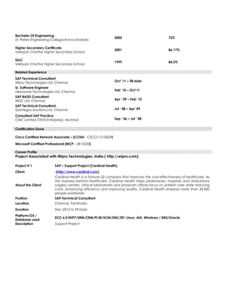 Bachelor Of Engineering
St. Peters Engineering College/Anna University.
2005 73%
Higher Secondary Certificate
Vellayan Chettiar Higher Secondary School.
2001 86.17%
SSLC
Vellayan Chettiar Higher Secondary School.
1999 84.3%
Related Experience
s
SAP Technical Consultant
Wipro Technologies Ltd, Chennai Oct’ 11 – Till date
Sr. Software Engineer
Hexaware Technologies Ltd, Chennai Feb’ 10 – Oct’11
SAP BASIS Consultant
WDC Ltd, Chennai Apr ‘ 09 – Feb’ 10
SAP Technical Consultant,
Quintegra Solutions Ltd, Chennai Jul ‘ 08 – Apr’ 09
Consultant SAP Practice,
CMC Limited (TATA Enterprise), Mumbai Sep ‘ 06 – Jul ‘ 08
Certification Done
Cisco Certified Network Associate – [CCNA - CSCO11210429]
Microsoft Certified Professional [MCP - 3813520]
Career Profile
Project Associated with Wipro Technologies, India ( http://wipro.com)
Project # 1 SAP – Support Project (Cardinal Health)
Client (http://www.cardinal.com)
About the Client
Cardinal Health is a Fortune 22 company that improves the cost-effectiveness of healthcare. As
the business behind healthcare, Cardinal Health helps pharmacies, hospitals and ambulatory
surgery centers, clinical laboratories and physician offices focus on patient care while reducing
costs, enhancing efficiency and improving quality. Cardinal Health employs more than 34,000
people worldwide.
Position SAP Technical Consultant
Location Chennai, Tamilnadu
Duration Dec 2013 to Till Date
Platform/OS /
Database used
ECC 6.0 EHP7/SRM/CRM/PI/BI/SCM/SNC/EP/ Linux, AIX, Windows / DB2/Oracle
Description Support Project
 