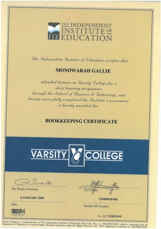 2009, January - Bookkeeping Certificate