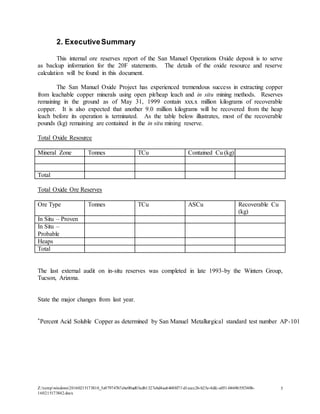 San Manuel 1999 Ore Reserves Report (Draft)