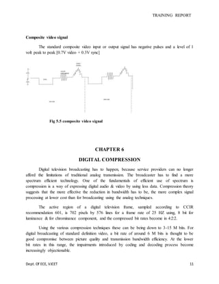 TRAINING REPORT
Dept. Of ECE, VJCET 11
Composite video signal
The standard composite video input or output signal has negative pulses and a level of 1
volt peak to peak [0.7V video + 0.3V sync]
Fig 5.5 composite video signal
CHAPTER 6
DIGITAL COMPRESSION
Digital television broadcasting has to happen, because service providers can no longer
afford the limitations of traditional analog transmission. The broadcaster has to find a more
spectrum efficient technology. One of the fundamentals of efficient use of spectrum is
compression is a way of expressing digital audio & video by using less data. Compression theory
suggests that the more effective the reduction in bandwidth has to be, the more complex signal
processing at lower cost than for broadcasting using the analog techniques.
The active region of a digital television frame, sampled according to CCIR
recommendation 601, is 702 pixels by 576 lines for a frame rate of 25 HZ using, 8 bit for
luminance & for chrominance component, and the compressed bit rates become in 4:2:2.
Using the various compression techniques these can be being down to 3-15 M bits. For
digital broadcasting of standard definition video, a bit rate of around 6 M bits is thought to be
good compromise between picture quality and transmission bandwidth efficiency. At the lower
bit rates in this range, the impairments introduced by coding and decoding process become
increasingly objectionable.
 