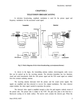 TRAINING REPORT
Dept. Of ECE, VJCET 2
CHAPTER 2
TELEVISION BROADCASTING
In television broadcasting, amplitude modulation is used for the picture signal and
frequency modulation for the associated sound signal.
Fig 2.1 block diagram of television broadcasting system(monochrome)
As shown in the figure, the transmitting antenna radiates electromagnetic radio waves
that can be picked up by the receiving antenna. The television transmitter has two functions:
visual and aural transmission. Both the AM picture signal and the FM sound signal are emitted
from the common radiating antenna.
The receiving antenna intercepts both the picture and the sound carrier signals. The
signals are amplified and then detected to recover the original modulation. The video detector
output includes the video signal needed to reproduce the picture.
The detected video signal is amplified enough to drive the grid negative cathode circuit of
the picture tube. The picture tube is similar to the CRT. The glass face plate at the front has a
fluorescent coating on its inside surface. The narrow neck contains the electron gun. When the
 