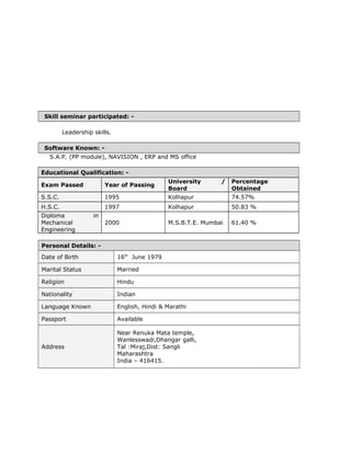 Skill seminar participated: -
Leadership skills.
Software Known: -
S.A.P. (PP module), NAVISION , ERP and MS office
Educational Qualification: -
Exam Passed Year of Passing
University /
Board
Percentage
Obtained
S.S.C. 1995 Kolhapur 74.57%
H.S.C. 1997 Kolhapur 50.83 %
Diploma in
Mechanical
Engineering
2000 M.S.B.T.E. Mumbai 61.40 %
Personal Details: -
Date of Birth 16th
June 1979
Marital Status Married
Religion Hindu
Nationality Indian
Language Known English, Hindi & Marathi
Passport Available
Address
Near Renuka Mata temple,
Wanlesswadi,Dhangar galli,
Tal :Miraj,Dist: Sangli
Maharashtra
India – 416415.
 