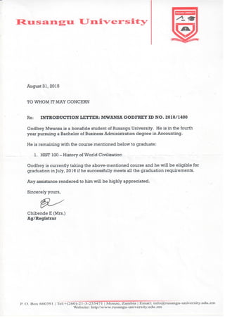 BBA - ACCOUNTING LETTER OF INTRODUCTION G. MWANSA