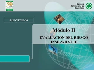 BIENVENIDOS
Módulo IIMódulo II
EVALUACION DEL RIESGOEVALUACION DEL RIESGO
INSH-WHAT IFINSH-WHAT IF
 