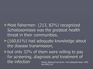 Most fishermen  (213, 82%) recognized  Schistosomiasis was the greatest health threat in their communities,  (160,61%) had adequate knowledge about the disease transmission,  but only 32% of them were willing to pay for screening, diagnosis and treatment of the infection  Rhode, Mahmoud and Kunin. J Am Osteopath Assoc. 2005 Jan;105(1):25.   
