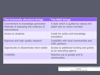 The University structure brings The NGO brings Commitment to knowledge generation Methods of assessing the evidence of interventions A style which is guided by values and belief with an action oriented Access to students Credit for action and knowledge translation Rigorous and high quality research Credibility with local communities and LMIC partners Opportunity to disseminate more widely Access to additional funding and grants as an executing agency Credibility Reaches out to people and to communities 