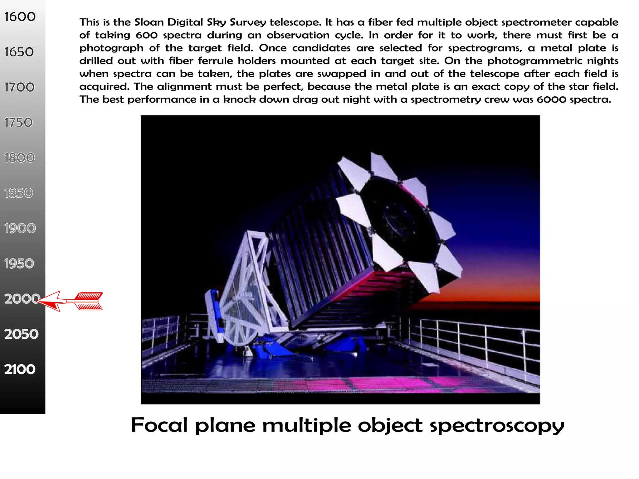 This is the Sloan Digital Sky Survey telescope. It has a fiber fed multiple object spectrometer capable 
of taking 600 spectra during an observation cycle. In order for it to work, there must first be a 
photograph of the target field. Once candidates are selected for spectrograms, a metal plate is 
drilled out with fiber ferrule holders mounted at each target site. On the photogrammetric nights 
when spectra can be taken, the plates are swapped in and out of the telescope after each field is 
acquired. The alignment must be perfect, because the metal plate is an exact copy of the star field. 
The best performance in a knock down drag out night with a spectrometry crew was 6000 spectra. 
Focal plane multiple object spectroscopy 
 