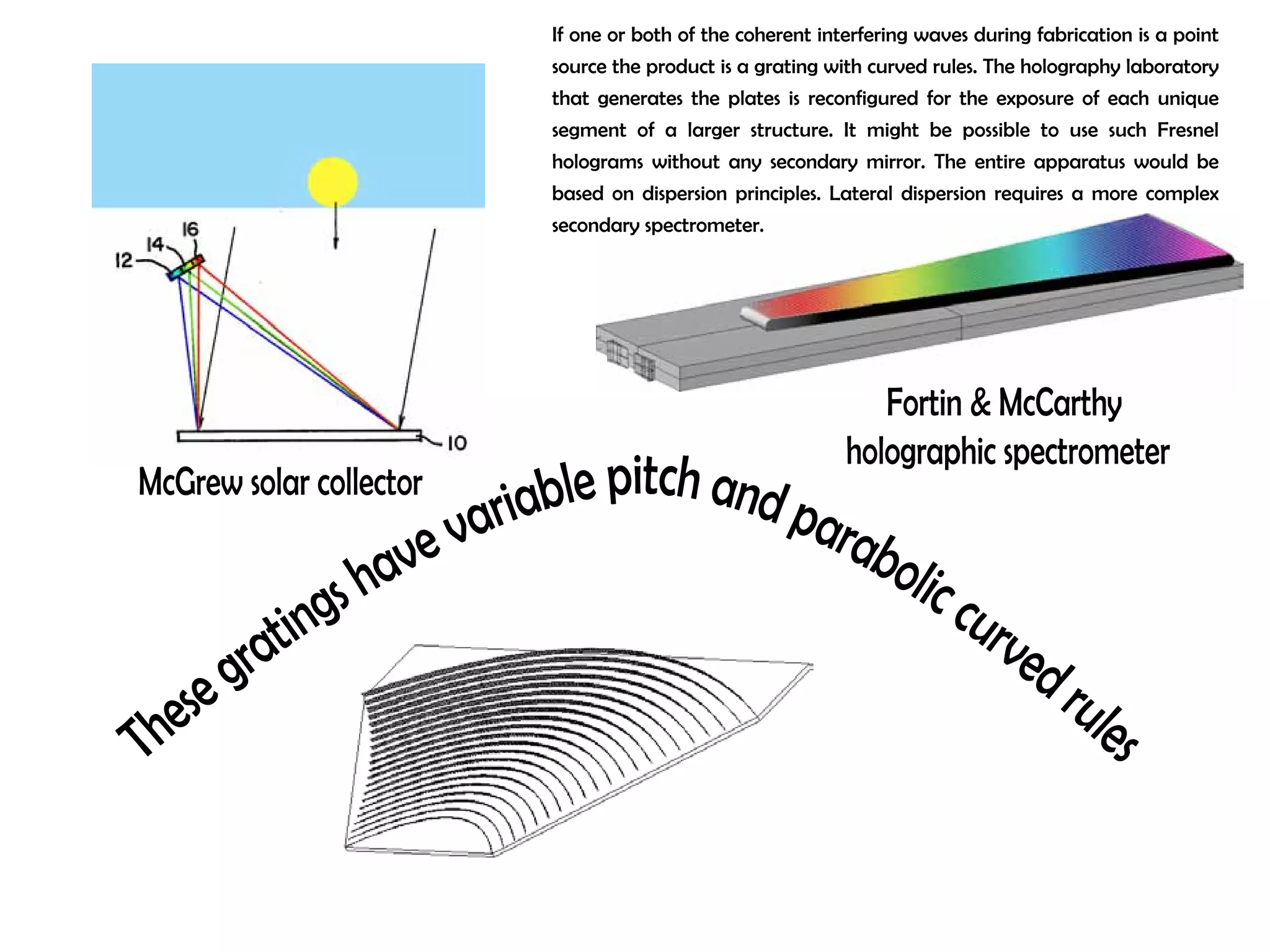If one or both of the coherent interfering waves during fabrication is a point 
source the product is a grating with curved rules. The holography laboratory 
that generates the plates is reconfigured for the exposure of each unique 
segment of a larger structure. It might be possible to use such Fresnel 
holograms without any secondary mirror. The entire apparatus would be 
based on dispersion principles. Lateral dispersion requires a more complex 
secondary spectrometer. 
McGrew solar collector 
variable pitch and have parabolic gratings curved These zero-order 
rules 
Fortin & McCarthy 
holographic spectrometer 
 