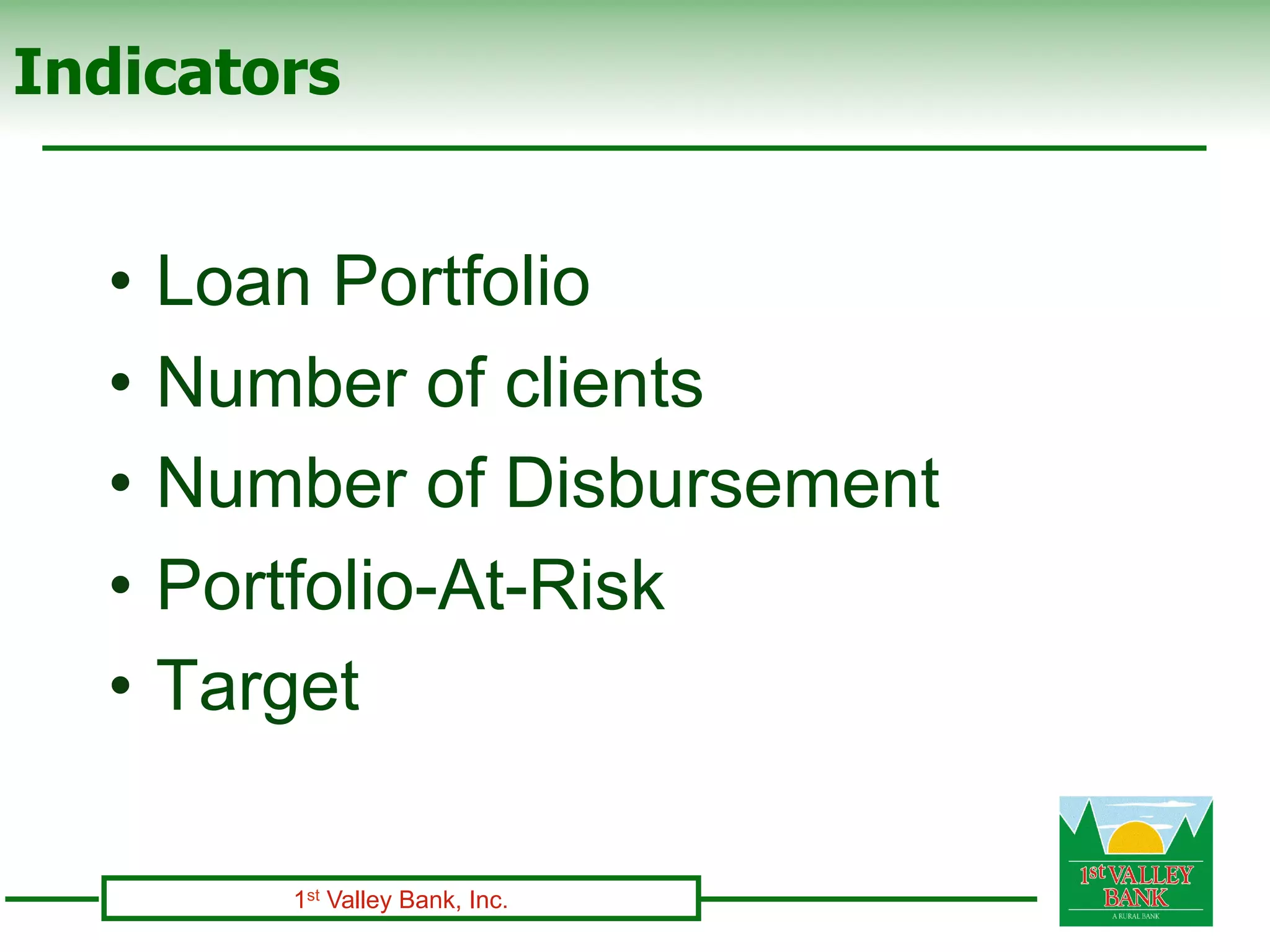 Indicators


  •  Loan Portfolio
  •  Number of clients
  •  Number of Disbursement
  •  Portfolio-At-Risk
  •  Target

        1st Valley Bank, Inc.
 