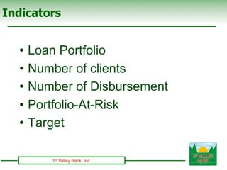 Indicators


  •  Loan Portfolio
  •  Number of clients
  •  Number of Disbursement
  •  Portfolio-At-Risk
  •  Target

  ...