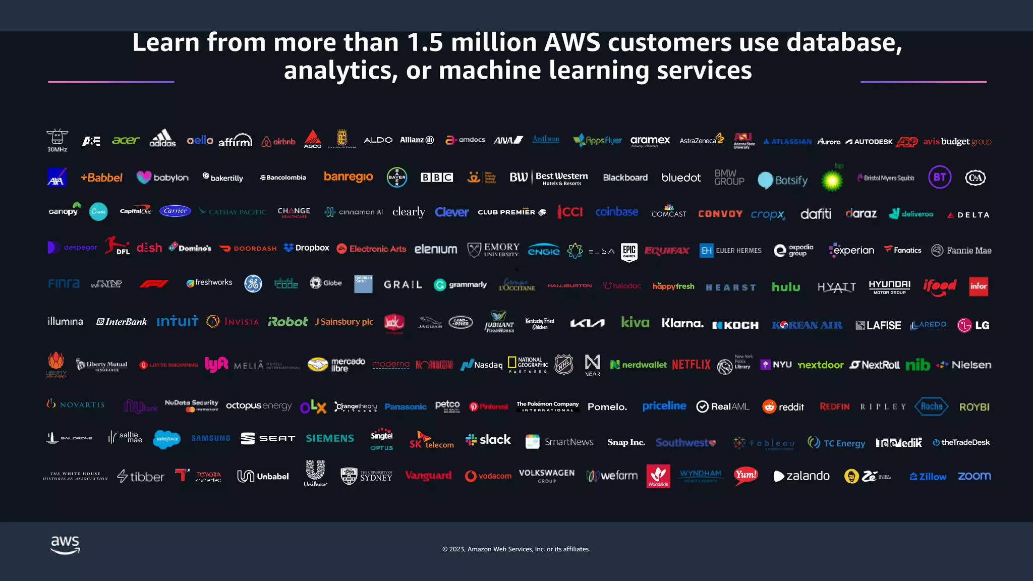 © 2023, Amazon Web Services, Inc. or its affiliates.
`
Learn from more than 1.5 million AWS customers use database,
analytics, or machine learning services
 