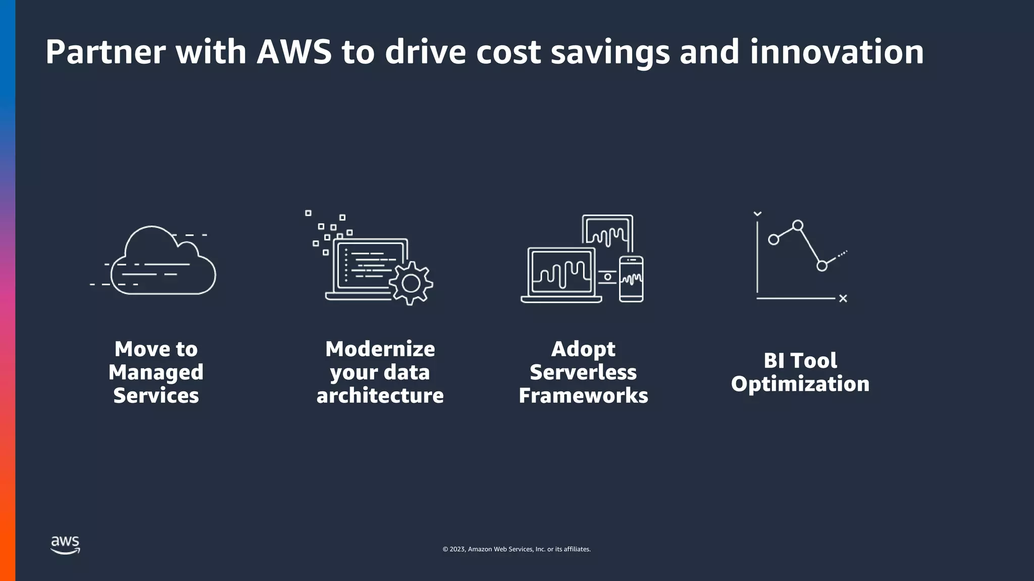 © 2023, Amazon Web Services, Inc. or its affiliates.
Partner with AWS to drive cost savings and innovation
Move to
Managed
Services
Modernize
your data
architecture
Adopt
Serverless
Frameworks
BI Tool
Optimization
 