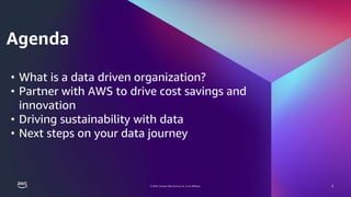 © 2023, Amazon Web Services, Inc. or its affiliates.
© 2023, Amazon Web Services, Inc. or its affiliates.
Agenda
2
• What is a data driven organization?
• Partner with AWS to drive cost savings and
innovation
• Driving sustainability with data
• Next steps on your data journey
 